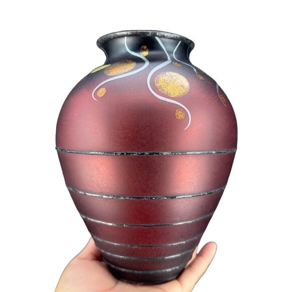 MIRACLE STUDIO CZECH ART VLASTA VOBORNIKOVA GLASS VASE SIGNED PAINTED RED BLACK - Picture 8 of 14